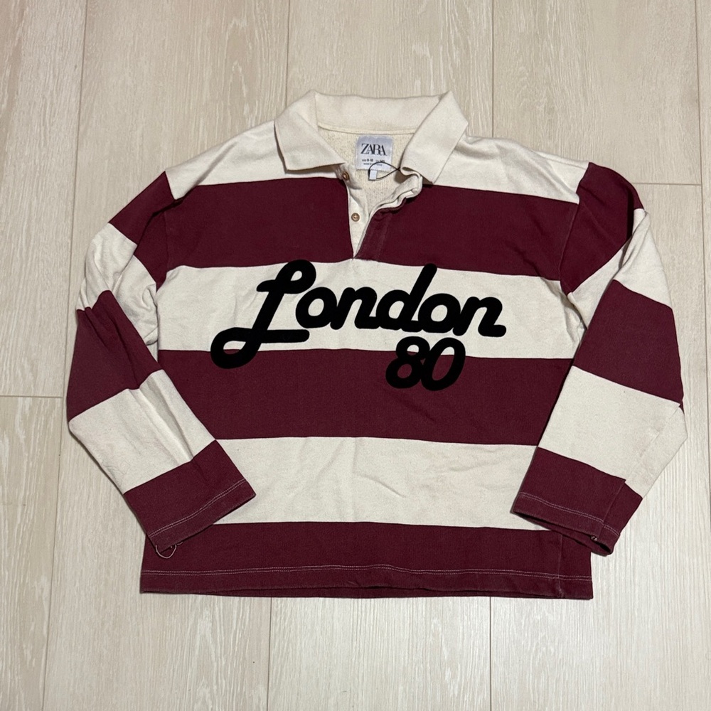 3/$10 Zara Kids Burgundy and Cream Polo with London Print
